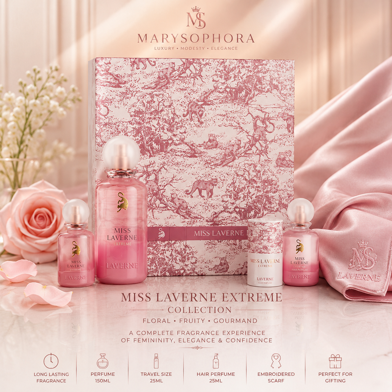 Miss Laverne Extreme perfume cylinder packaging with pink luxury ribbons and feminine floral styling.