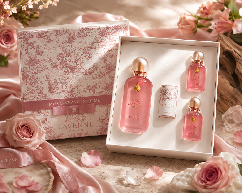 Miss Laverne Extreme perfume collection in luxury romantic floral setting with feminine pink tones.