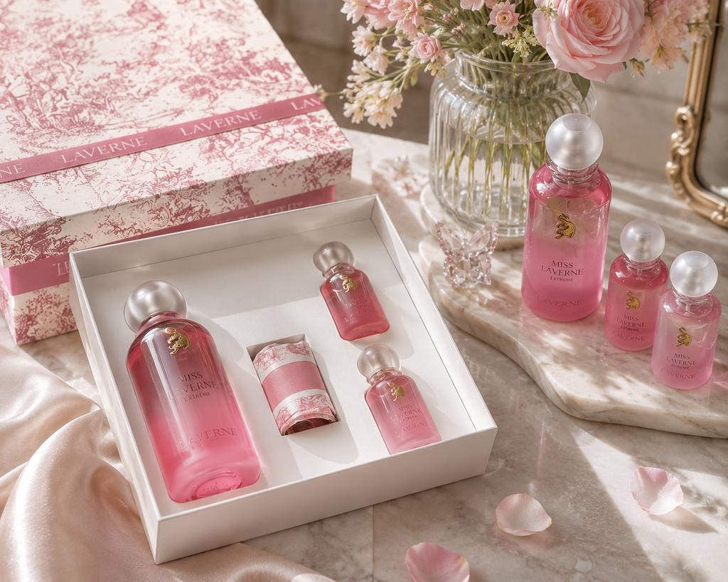 Top-down view of Miss Laverne Extreme perfume gift set with luxury pink packaging and floral styling.