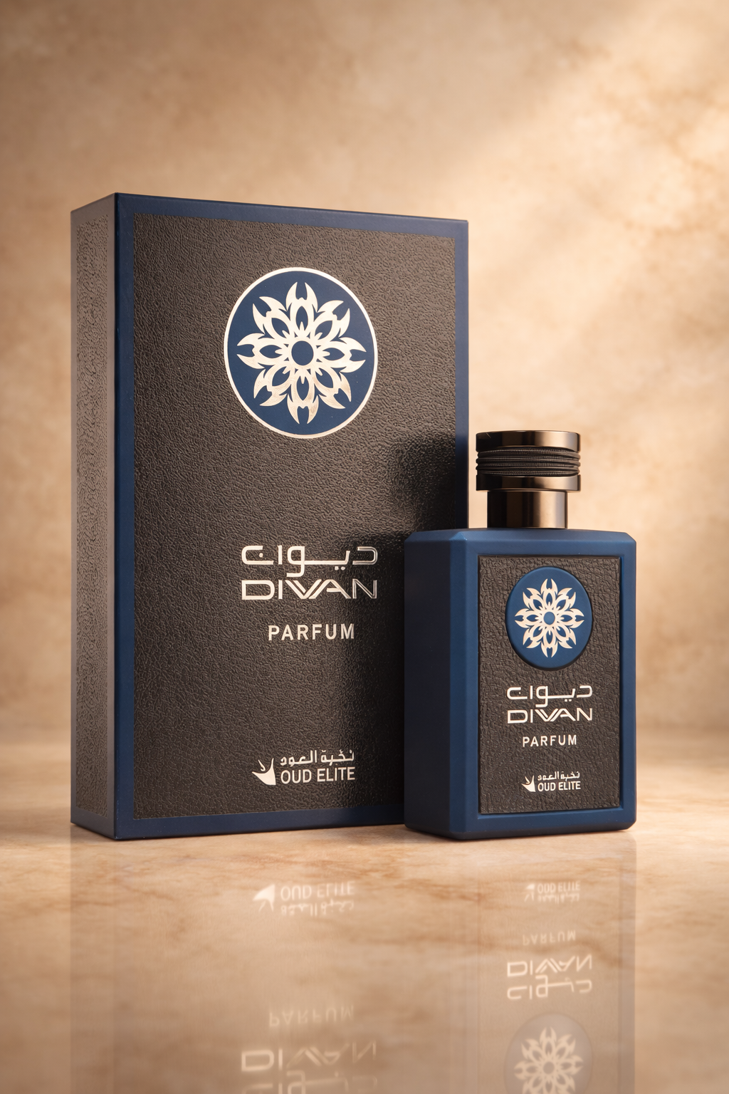 Oud Elite Diwan perfume 100ml with box and bottle on a soft beige background showing luxury packaging and design. MarySophora.com