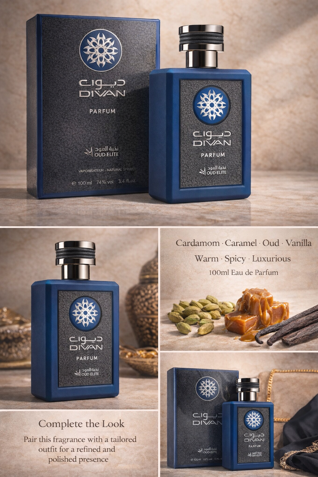 Oud Elite Diwan perfume 100ml collage showing bottle, packaging, fragrance notes cardamom caramel oud vanilla and luxury styling. MarySophora.com