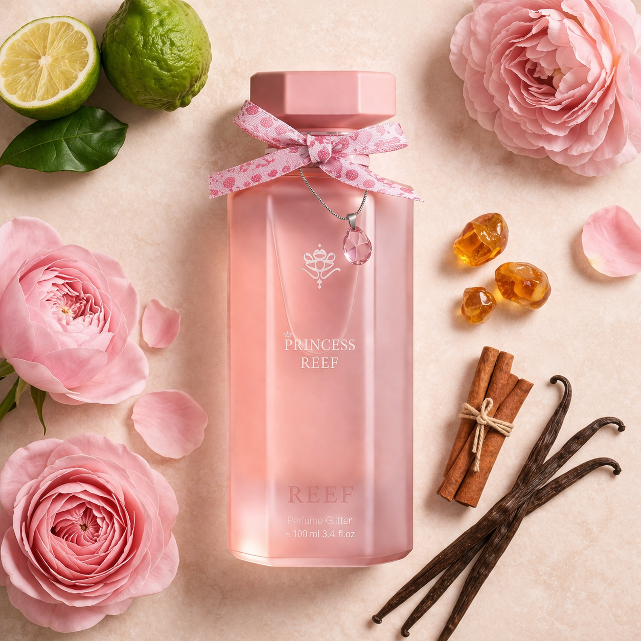 Princess Reef perfume flatlay with citrus, roses, vanilla and amber ingredients showing fragrance notes.