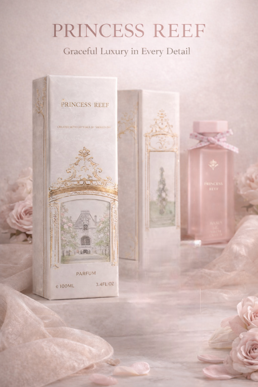Princess Reef perfume full set with packaging box and bottle in soft luxury presentation.