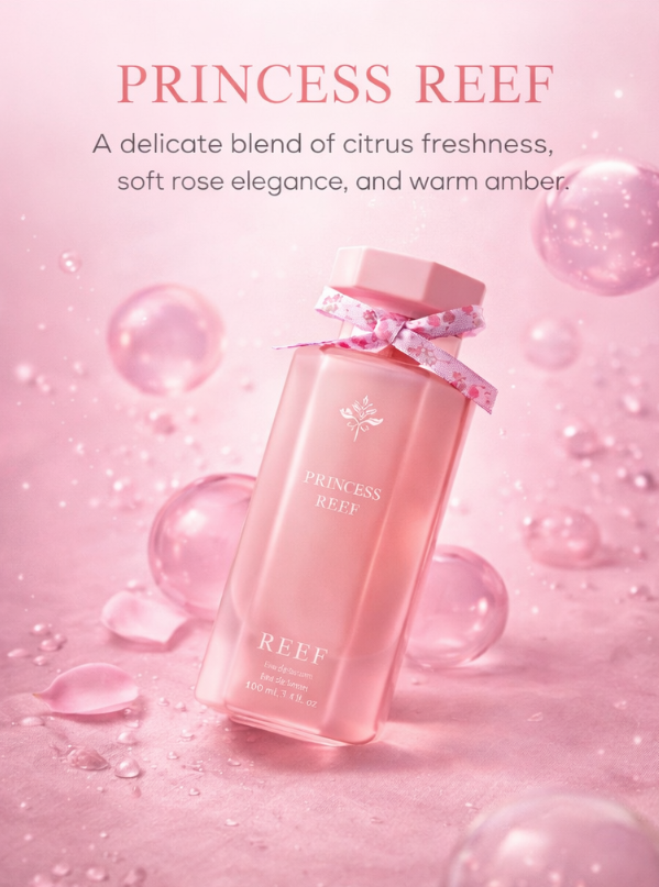 Princess Reef perfume in pink glowing bubbles representing elegance softness and warm amber scent.