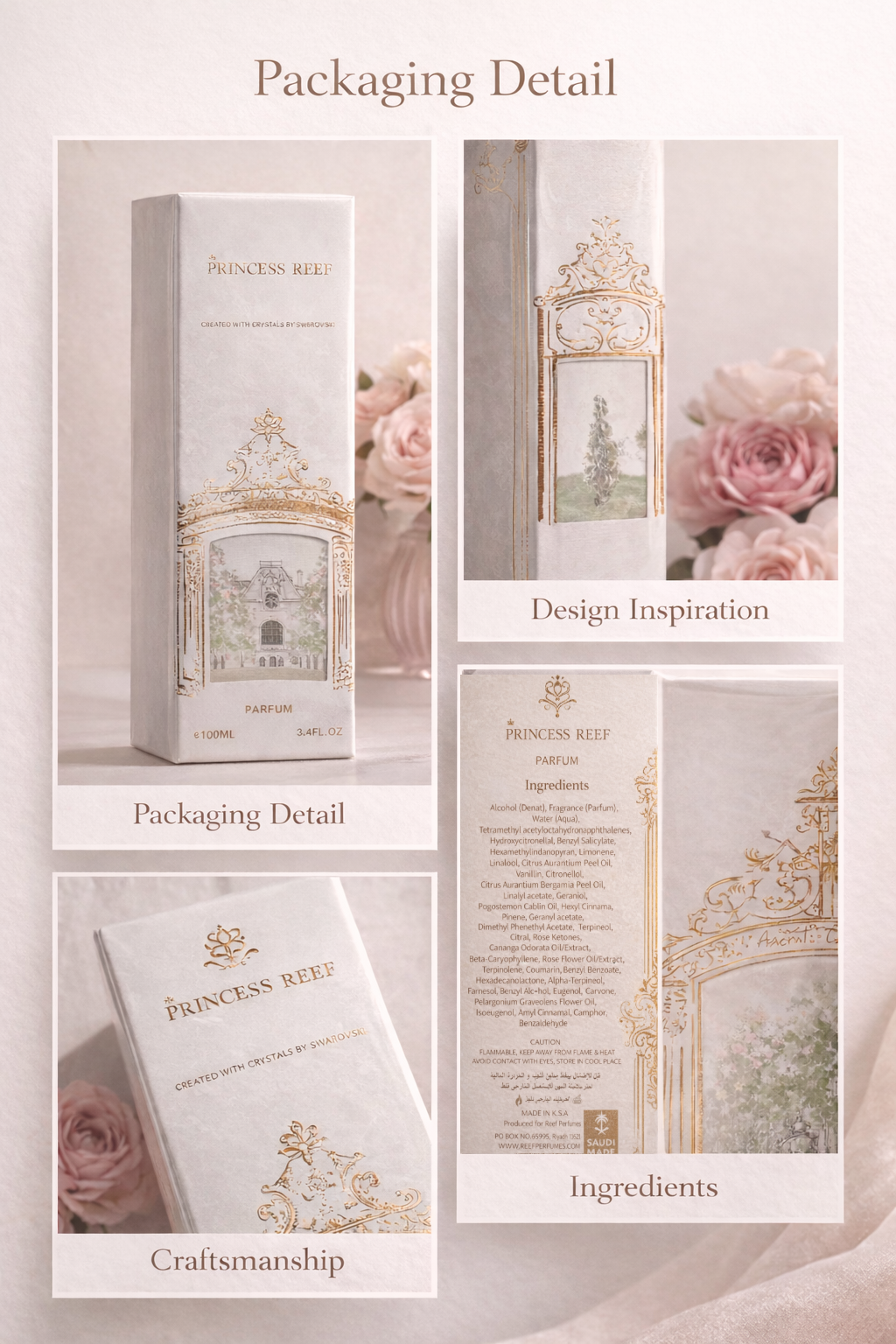 Princess Reef perfume packaging details showing craftsmanship design and ingredients list.