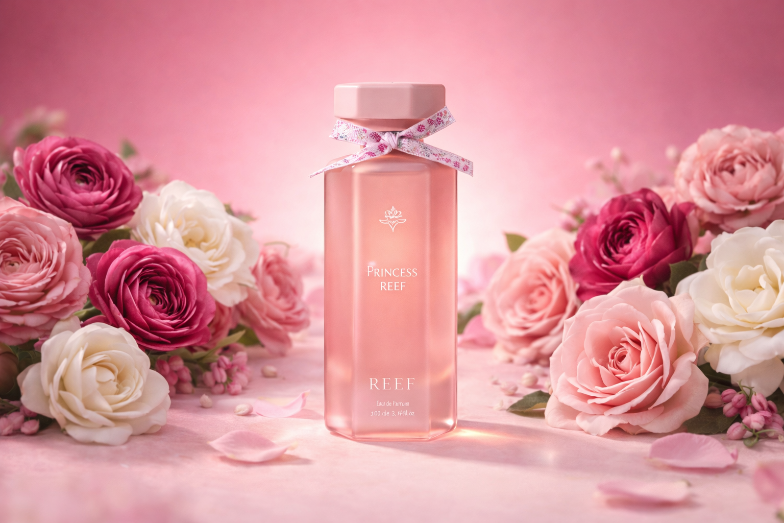 Princess Reef perfume surrounded by pink and cream roses in luxury floral display.