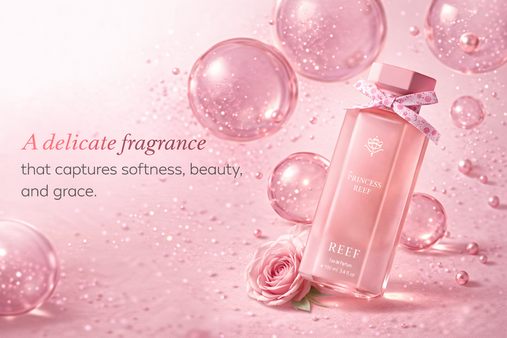 Princess Reef perfume with soft pink bubbles representing a delicate feminine fragrance.
