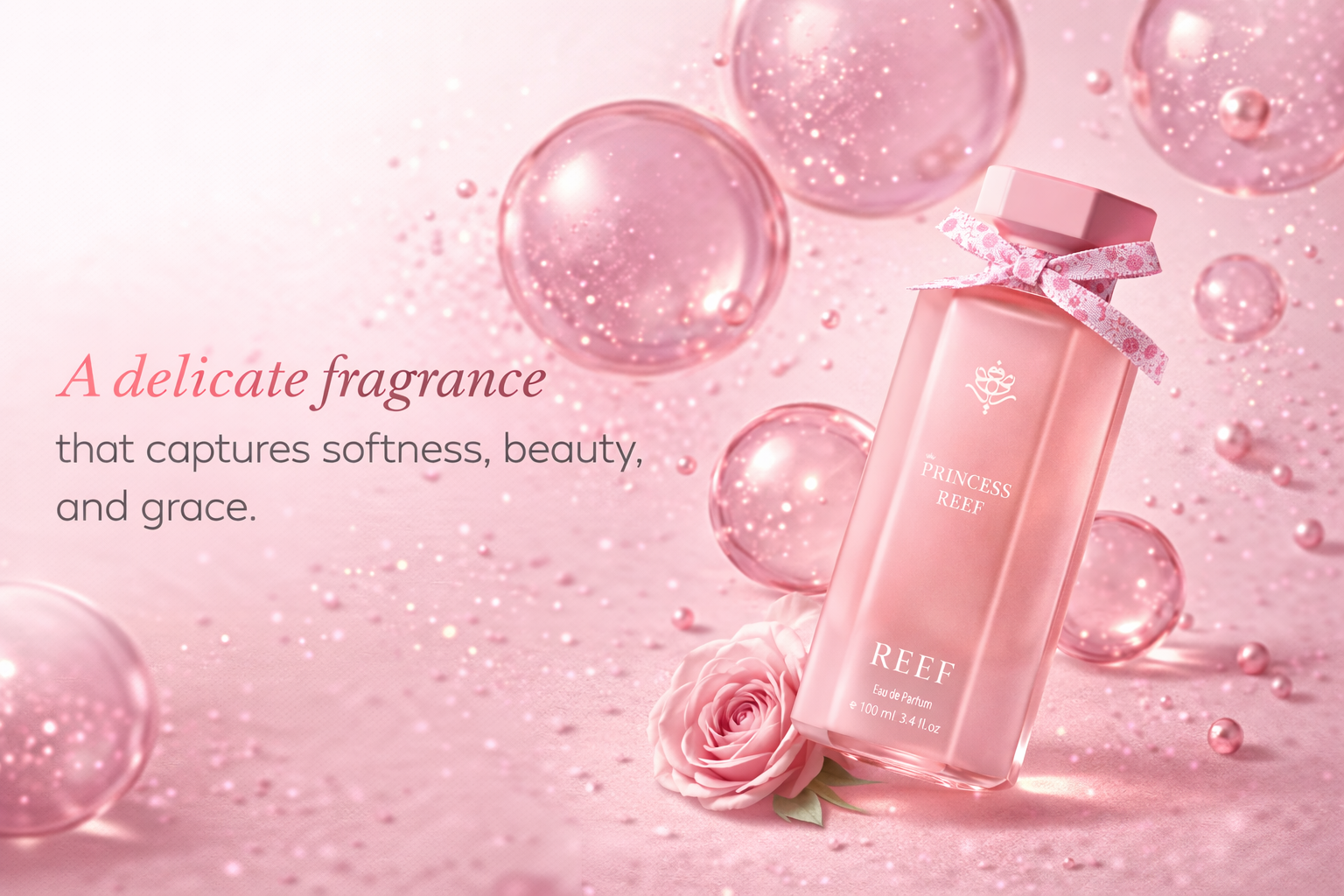 Princess Reef perfume with soft pink bubbles representing a delicate feminine fragrance.