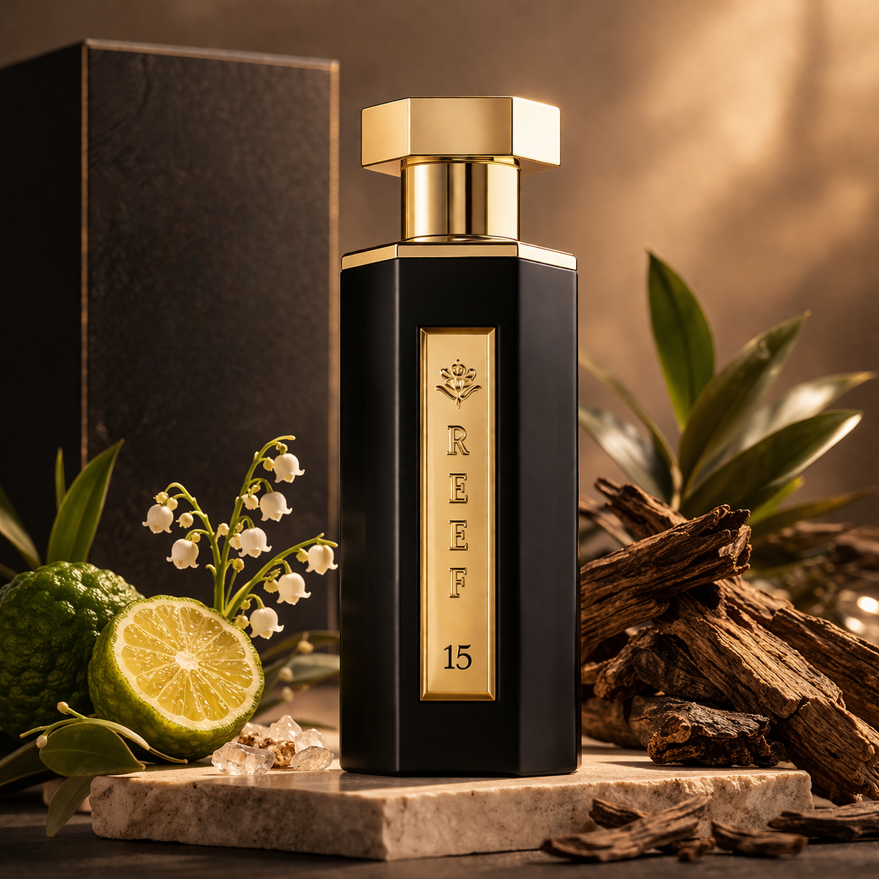 Reef 15 perfume 100ml bottle with packaging box woody oud fragrance luxury setting UK by MarySophora.com