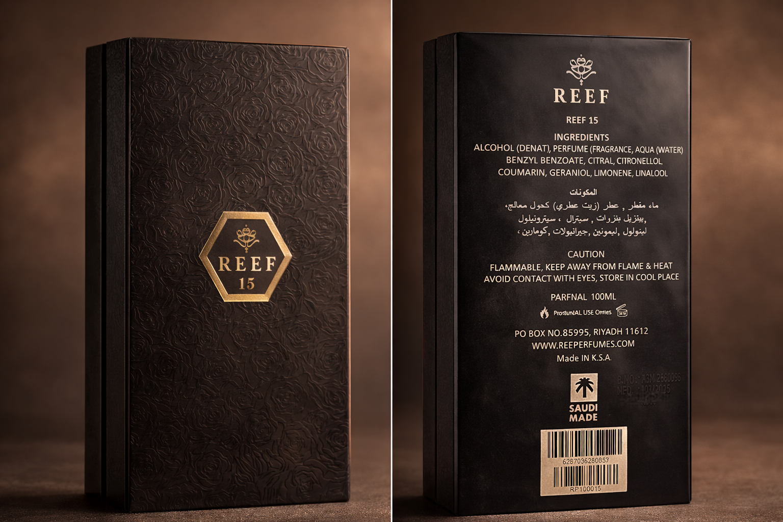 Reef 15 perfume 100ml box front and back packaging ingredients and details Saudi made UK by MarySophora.com