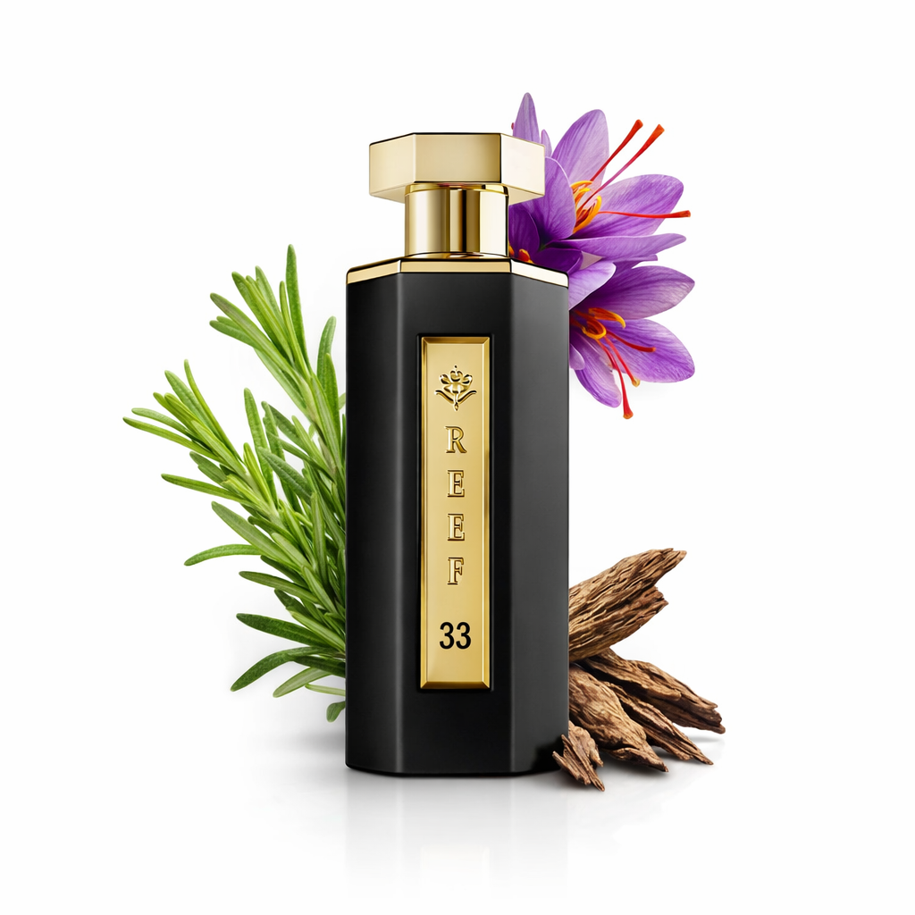 Reef 33 perfume 100ml bottle with saffron rosemary oud ingredients luxury fragrance UK by MarySophora.com