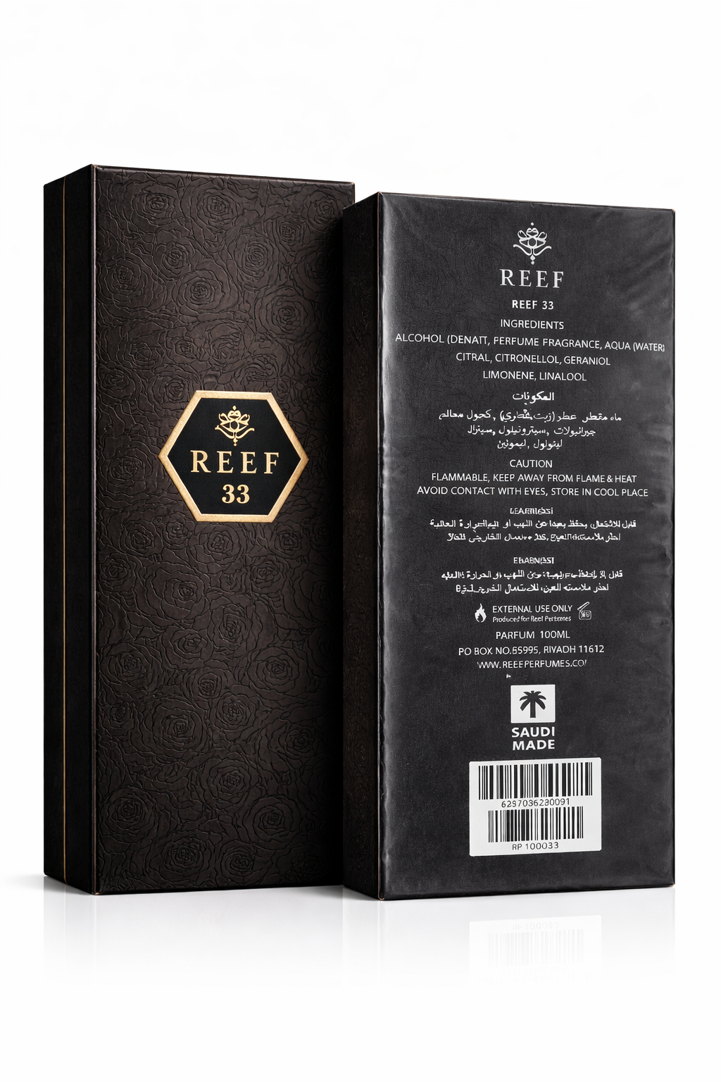 Reef 33 perfume 100ml box front and back packaging details luxury fragrance UK by MarySophora.com