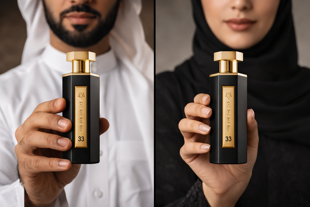 Reef 33 perfume 100ml held by Muslim man and woman unisex luxury fragrance UK by MarySophora.com